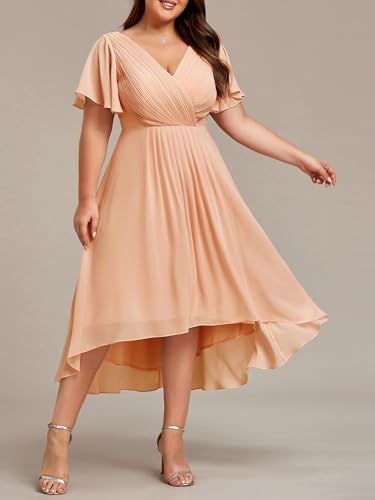 Image of Ever-Pretty Plus Summer Short Sleeves V-Neck Formal Wedding Guest Dresses for Curvy Women Chiffon Midi Cocktail Party Dress