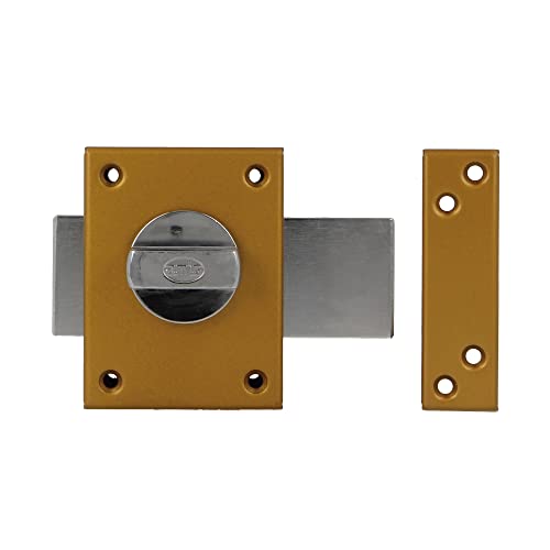 Amig - Cerradura de Sobreponer con Palanca de Cierre y Muletilla Interior para Puertas de Madera Mod. 85-85 x 65 mm - Pestillo Con Cilindro Redondo de Seguridad - Acero Esmaltado Oro