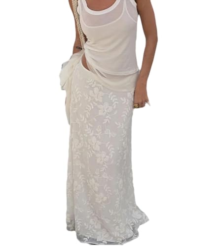 Women Elegant Lace Floral A-Line Mesh Long Skirts Vintage High Waist Casual Y2K Maxi Skirt