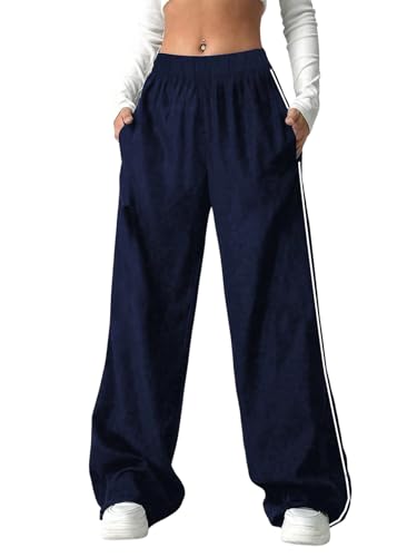 SweatyRocks Hosen Mädchen Lässig Breites Bein Hose mit Taschen Hohe Elastischer Bund Sporthose Freizeithose Jogginghose Dunkelblau 12 Jahre