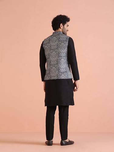 Image of KISAH Men Printed Kurta Jacket Set, Full Sleaves, Knee Length, Straight, Regular Fit, Mandarin Collar Ethnic Wear