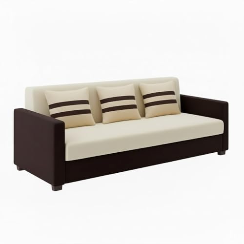 Image of FURNY Lifestylio 3 Seater Fabric Sofa Set (Cream-Dark Brown) Premium Velvet Finish | Ideal for Living Rooms, Offices