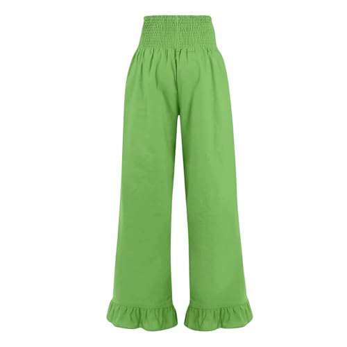 Image of Palazzo Pants for Women Linen Smocked Elastic Waist Ruffle Wide Leg Pants Summer Beach Flowy Boho Pant with Pockets
