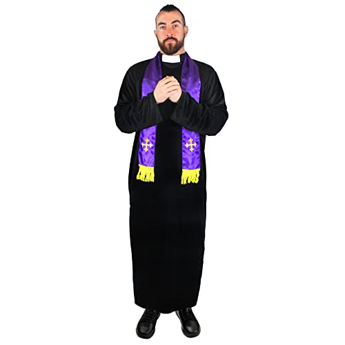 I LOVE FANCY DRESS Déguisement de curé avec Une Longue Robe Noire + Une écharpe Violette avec détails Couleur Or. Ideal pour Les enterrements de Vie de...