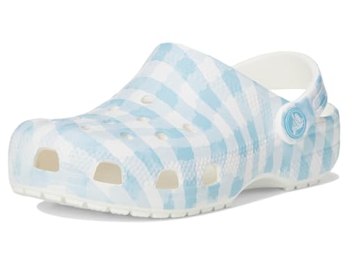 Image of Crocs Unisex Classic Clogs with Patterns and Graphics (Little Kid /Big Kid) White /Blue 1 Medium