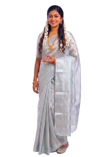 Image of Kerala Traditional Tissue Saree for Women with Running Blouse | South Indian Ethnic Saree for Weddings Onam Vishu Temple Wear & Festivals
