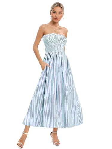 Image of Women Strapless Smocked Flowy Swing Boho Maxi Dress Tube Top Beach Dress | Smocked Bodice Flowy A Line Beach Dress with Pocket Casual Vacation Beach Wedding Guest Dress Off Shoulder Boho Dresses