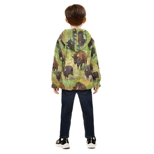 Buffalo Herd on Grassland Artwork Toddler Fleece Jacket Girl Boys Hooded Fleece Jacket Coat Warm Outwear Zip-up 3-10T4