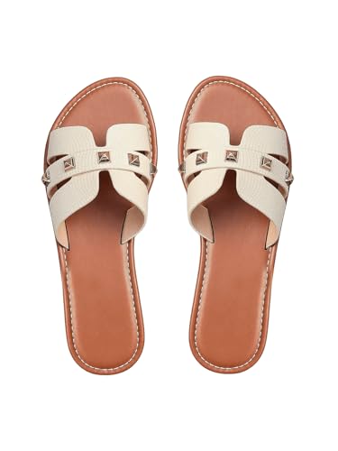 GORGLITTER Women's Embossed Metal Dressy Summer Flats Trendy 2025 Open Toe Cut Out Vacation Slide Sandals