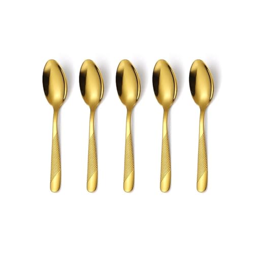 Image of Aurum Gold French Style Silverware | 5-Piece Hammered Dessert Spoon Set | Premium 18 /10 Stainless Steel Flatware | Elegant Cutlery for Home, Restaurants & Gifting