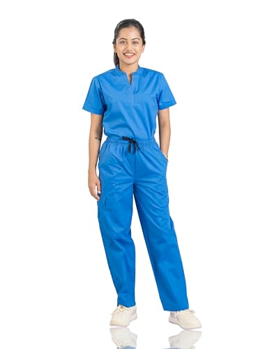 Image of Flexi Women Medical Scrub Set | 5 Pockets | Cotton Lycra Doctor Scrubs | Y-Neck Top | Straight Pants | Hospital Uniform for Doctors & Nurses