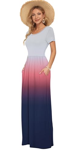 Image of AUSELILY Women's Classic Short Sleeve Loose Plain Casual Long Maxi Dresses | Year Round wear solid floral print, Casual wear, Empire waist, Floor-length, Side pockets, Short Sleeve