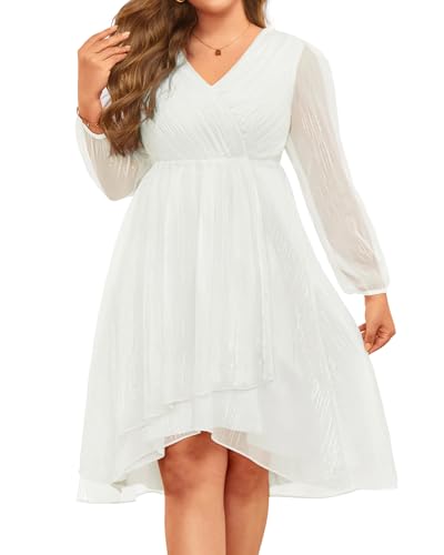 Image of Plus Size Wedding Guest Dress - Formal Long Sleeve A Line V Neck Midi Dress | Formal fall wedding guest dress, A-line pleated midi style with long sleeves & V-neck for curvy women.