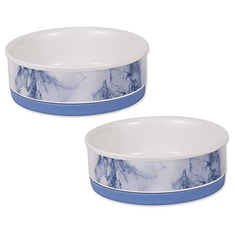 Bone Dry Ceramic Marble Non-Slip Pet Bowls Food & Water Dish Set for Dogs & Cats, Microwave & Dishwasher Safe, Medium Set, 6x2, Blue, 2 Count Cover