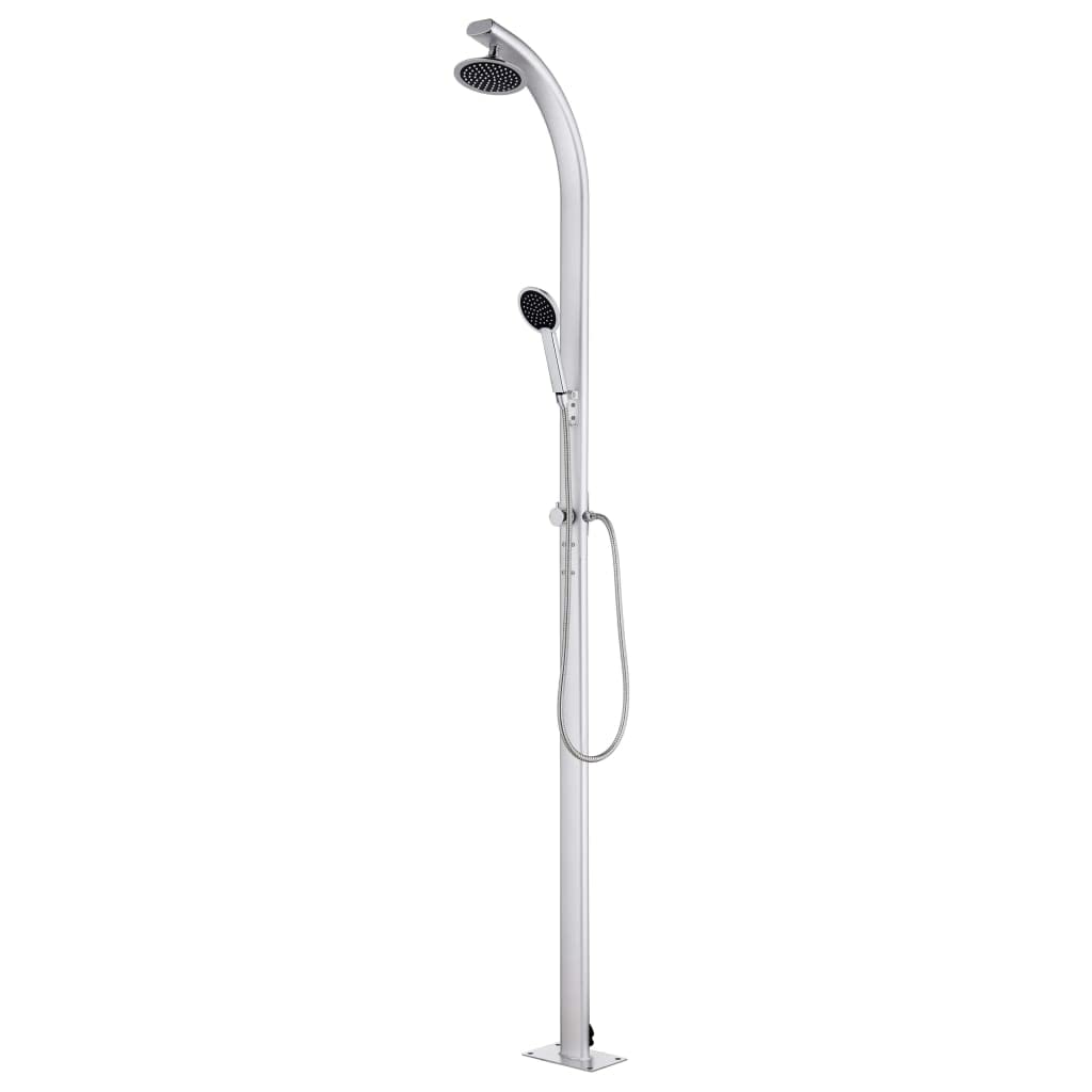 Ducha de jardín de aluminio de 220 cm con placa base gris, ducha de cabeza y ducha de mano, manguera flexible de doble bloqueo de 1,5 m, soporte de ducha de mano para toalla, placa de suelo