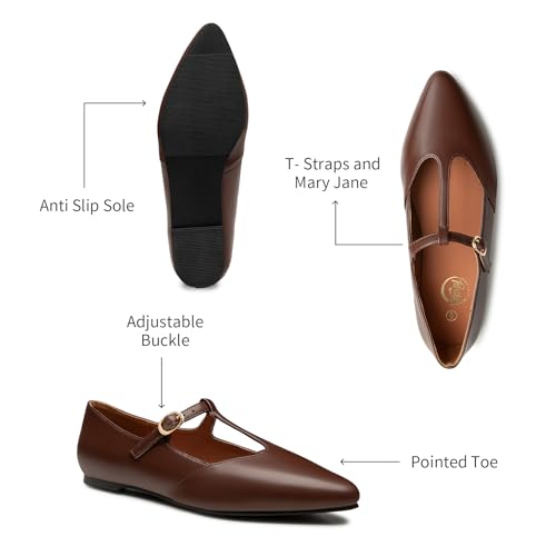 Trary Women's Black Mary Jane T-Strap Ballet Flats, Pointed Toe, Comfortable, Adjustable Buckle, Business Casual, US Size 7-123