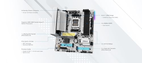 Image of ASRock B850M Pro RS WiFi White AMD AM5 Micro-ATX Motherboard, White Edition, Supports AMD Ryzen 9000 /8000 /7000 Series Processors, DDR5 8000+ (OC), PCIe 5.0, 2.5G LAN, WiFi 6E, 8+2+1 Power Phase