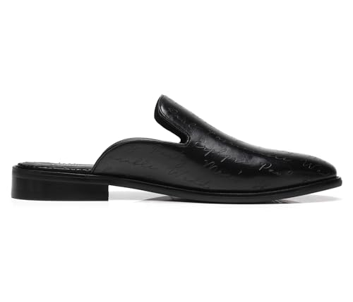 Image of Men's Loafers Backless Genuine Leather Brand Logo Embossed on The Upper Tabacco Mules Black Shoes US 10.5