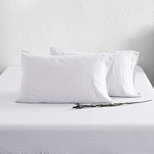 Image of ATLINIA 100% Pure Flax Linen Bedding Set - Stone Washed French Linen Fabric Deep Pocket Fitted Sheet Farmhouse Flat Sheet 2 Pillowcases (White, Full)