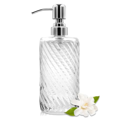 18 Oz Ribbed Glass Soap Dispenser with Stainless Steel Pump, Refillable Liquid Soap Bottle for Bathroom, Kitchen, Hand Soap, Dish Soap, or Lotion