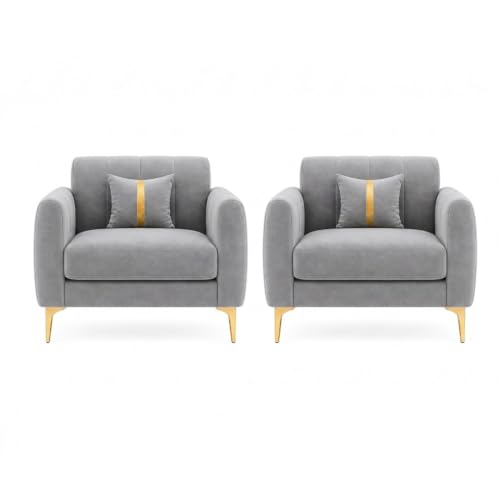 Image of Hermione Luxe Velvet-Suede Fabric 3 Seater + 1 Seater + 1 Seater Sofa Set | Golden Legs | Comfortable & Spacious Seating | Modern Sofa Set for Living Room - Light Gray