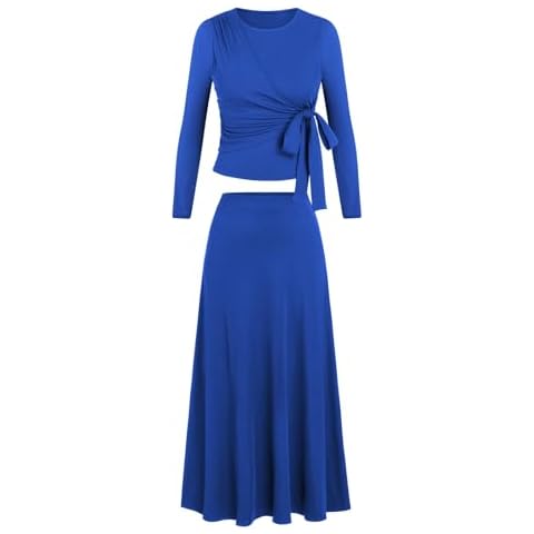 MAYFASEY Women's Fall Fashion Clothes Set Long Sleeve Crewneck Self Tie Crop Top Knit High Waist Maxi Midi Skirt Outfits Blue XXL Cover