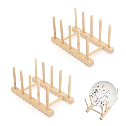 KLVGTIFS 2 Piezas Soporte para Platos, Soportes para Platos de Madera, Soporte para Tapa de Olla, Escurridores, Escurreplatos de Madera, Organizador de Gabinete de Cocina para Tapas de Ollas
