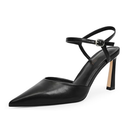 VIUGJNEX Closed Toe Heels Black Kitten Heel Pumps for Women Pointed Toe Ankle Strap Stiletto High...