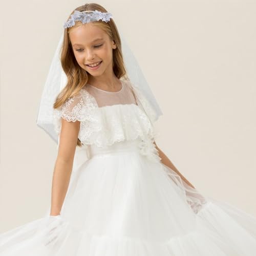 Degpum First Communion Veil for Girls First Communion White Floral Wreath Lace Veil4
