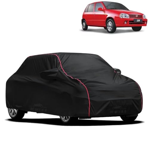 Image of Waterproof Car Cover for Maruti Suzuki Zen | All-Weather Protection, Dustproof & UV Resistant | Triple Stitched Mirror Pockets, Windproof Buckle Strap with Elastic Hem, Black-Red Piping