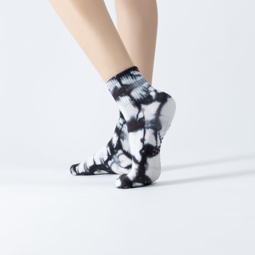 Yoga Pilates Socks with Grips for Women Non Slip Fleece Tie Dye Cushioned Ankle Socks for Barre Ballet Dance3