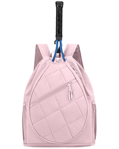 ecosmile Drawstring Tennis Backpack, Puffer Tennis Racket Bag with Shoe Compartment & Wet Pocket Gym Bag for Women, Suitable for Pickleball Tennis Badminton (Pink)