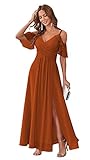 Stylefun Burnt Orange Chiffon V-Neck Long Bridesmaids Dresses 2025 for Teens A Line Cold Shoulder Formal Party Dress with Slit 8