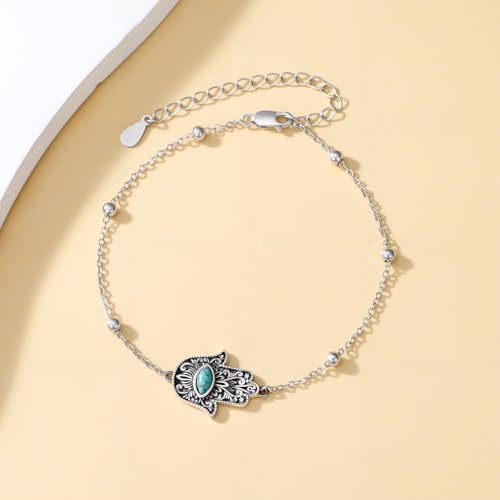 Real Turquoise Hamsa Bracelet 925 Sterling Silver Hand of Fatima Evil Eye Adjustable Link Bracelets Jewelry for Women2