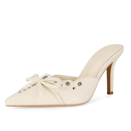 Image of DOEYG Women Pointed Toe Bow Heels Mules Slip on Stiletto Heels Sandals Dress Party Wedding Studded Heels Pumps