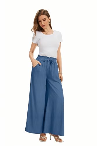 Image of KICZOY Women Flowy Pants Drawstring Waist Wide Leg Palazzo Beach Pants Loose Fit with Pockets
