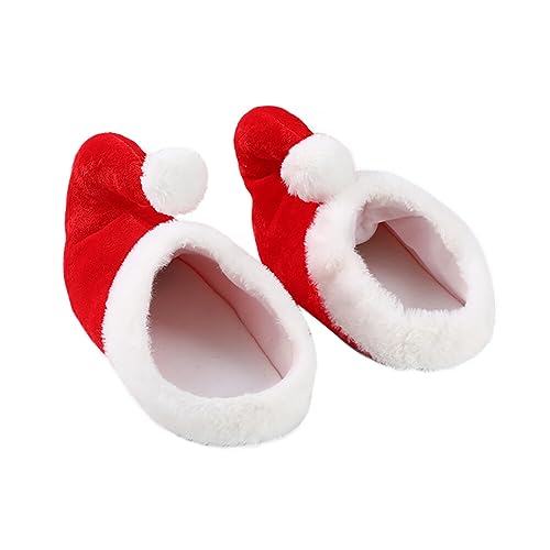 Christmas Slippers, 1 Pair Soft Plush Comfy Warm Fuzzy Christmas Hat Slippers Adult Non-Slip House Slippers for Women Men Family Use Santa Claus Costume Accessorie