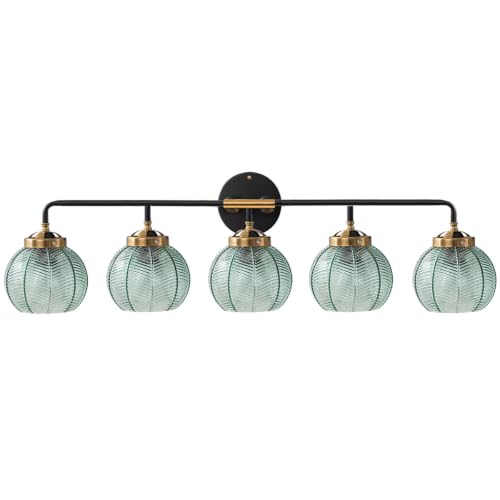 Image of 5-Light Bathroom Vanity Light Green Wall Lights Glass Globe Shade | Mid Century Modern Vintage Wall Sconce Vanity Lights 27.2Inch Long, 5.9Inch Glass Shade E26 Base,Over Mirror Bedroom Hallway