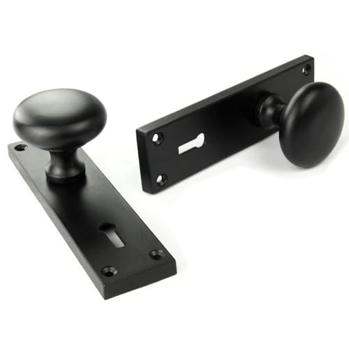 UNDERGROUND PARTS Jones & Grey New York Style Round Door Knobs Handles on a Long Lock Backplate with Keyhole Satin Black