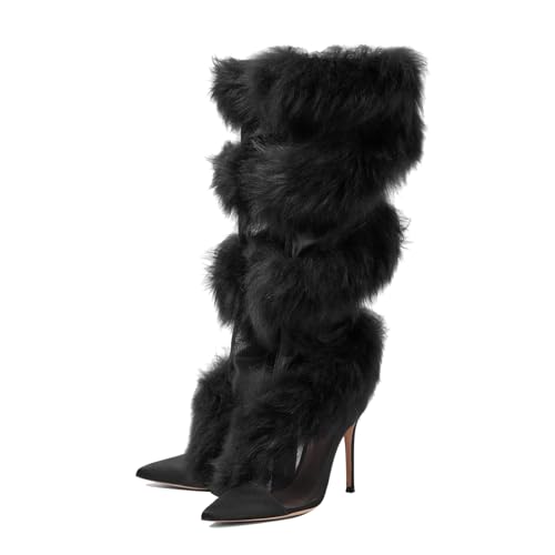 Women's Mesh Knee High Boots With Faux Fur-Trimmed Pointy Toe Stiletto Heel Satin Thigh Boots Side Zipper Sexy Party Dress Tall Boots