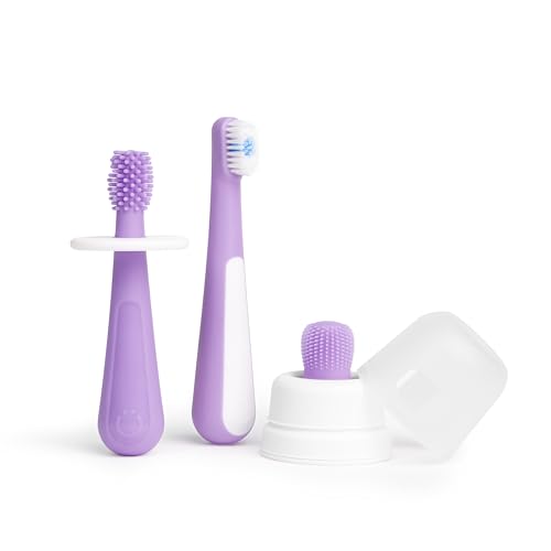 Image of Ubbi Grow with Me Toothbrush Training Set for Babies and Toddlers, Includes Silicone Finger Brush, 360° and Soft Bristled Toothbrush, Smoothie Purple