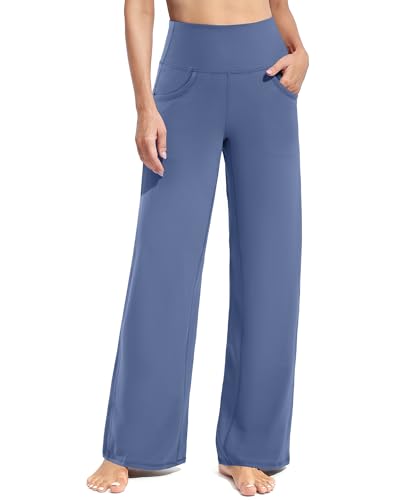 Promover High Waisted Pants for Women Wide Leg Yoga Leggings Casual Palazzo Sweatpants with Pockets Women's Fashion(Denim Blue,L,Regular)