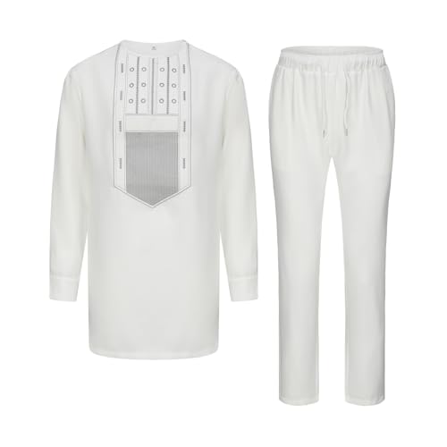 Cambkatl Men's African Clothes Long Sleeve Embroidery Tunic Shirt and Dress Pants Ethnic Two Pieces Dashiki Outfits