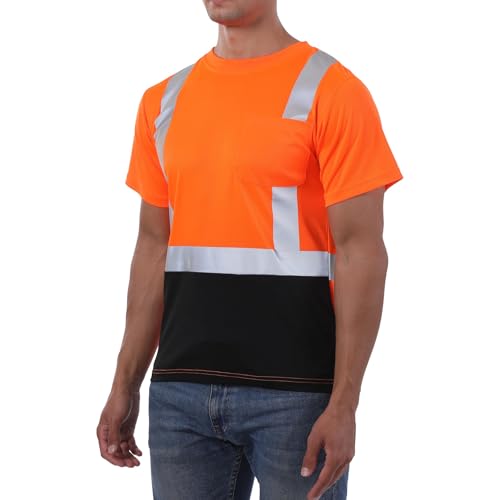 sesafety Hi Visibility Shirts for Men, Safety Shirts with Reflective Strips Class 2, Hi Vis Construction Work Shirt with Pocket Orange 4XL
