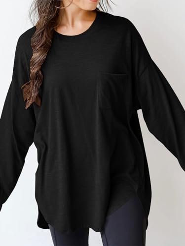 Wihion Women Oversized Long Sleeve T-Shirts Cotton Casual Crewneck Solid Tunic Tops with Pocket2
