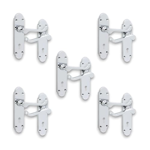 Infinity Decor Set of 5 Polished Chrome Victorian Scroll Oakley Lever Lock Pull Door Handle on Half Round Backplate - for Interior and Exterior Use