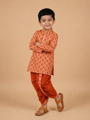 Image of The Mom Store Baby /Kids Boys Dhoti Kurta Set | Dhoti and Kurta | 100% Cotton | Comfortable | Ethnic | Festive Look | Block Prints | Colored Dhoti | Blue