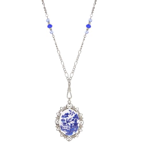 1928 Jewelry Light Sapphire Crystal Blue Willow Pagoda Oval Swivel Pendant Necklace 30