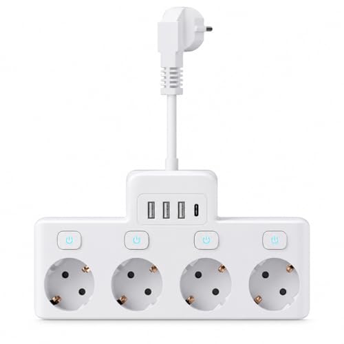 Noverli Regleta de 4 enchufes con interruptor individual, estación de carga USB (5 V/3,4 A), enchufe múltiple máx. 3680 W/16 A, protección infantil para hogar y oficina