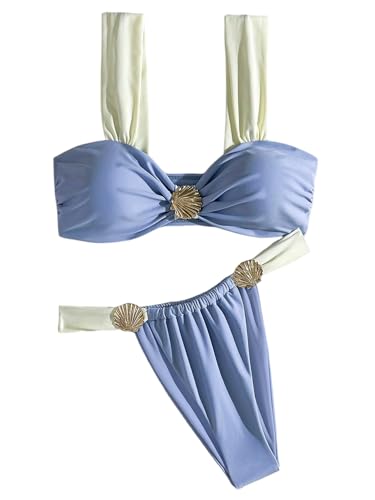 Verdusa Women's 2 Piece Metal Bikini Set Ruched Thong Bathing Suit Beach Vacation Clothes Blue Medium